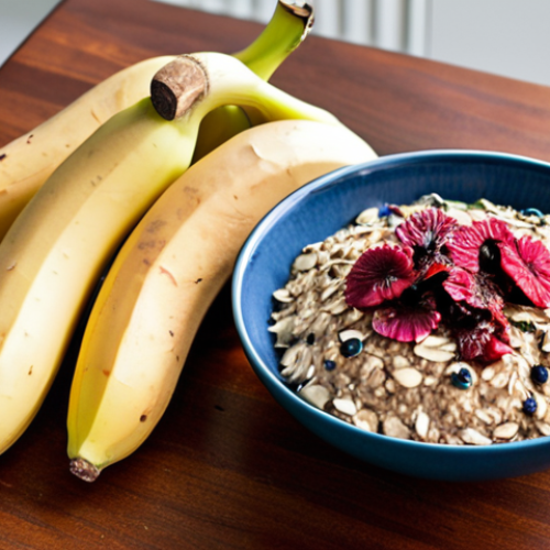 Home 15 **A vibrant, eye-level close-up photo of a colorful arrangement of foods known to help lower blood pressure. Include ripe bananas, slices of roasted sweet potato, fresh spinach leaves, blueberries bursting with color, a bowl of cooked oatmeal, and whole and ground flax seeds. In the background, a clove of garlic and a glass of iced hibiscus tea are subtly placed. The lighting is bright and natural, emphasizing the freshness of the ingredients. Shot in a modern, minimalist kitchen setting.**