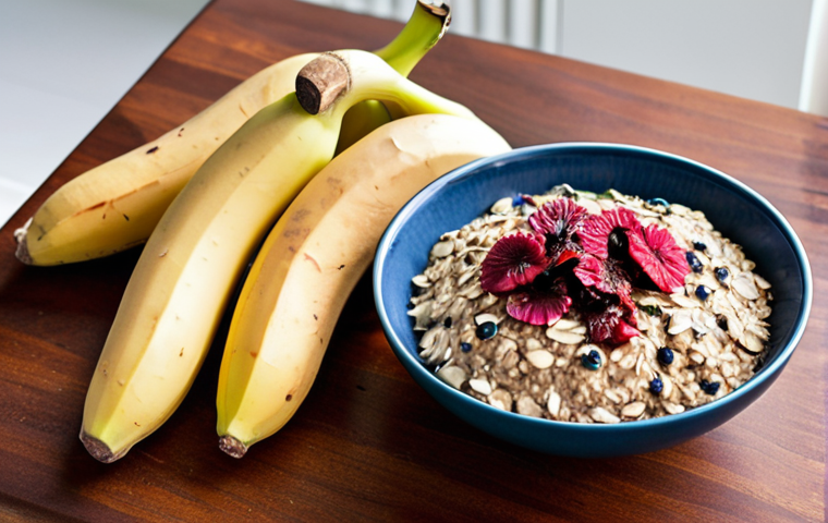 **A vibrant, eye-level close-up photo of a colorful arrangement of foods known to help lower blood pressure. Include ripe bananas, slices of roasted sweet potato, fresh spinach leaves, blueberries bursting with color, a bowl of cooked oatmeal, and whole and ground flax seeds. In the background, a clove of garlic and a glass of iced hibiscus tea are subtly placed. The lighting is bright and natural, emphasizing the freshness of the ingredients. Shot in a modern, minimalist kitchen setting.**