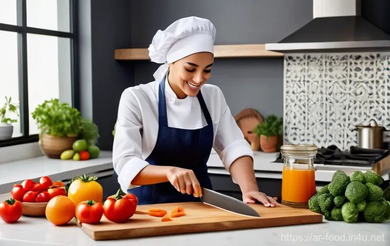 주방 기기와 식자재의 상관관계 - A beautifully lit modern kitchen with subtle hints of traditional Arabic design, such as patterned t...