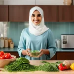 식사 준비가 빠른 식자재 - **Prompt: A modern, brightly lit Arab kitchen with a neatly organized countertop. A joyful Arab woma...