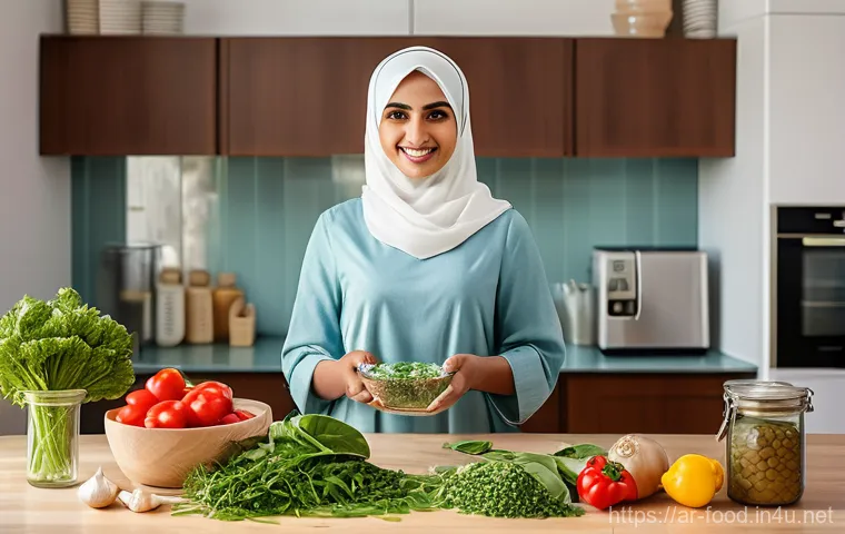 식사 준비가 빠른 식자재 - **Prompt: A modern, brightly lit Arab kitchen with a neatly organized countertop. A joyful Arab woma...