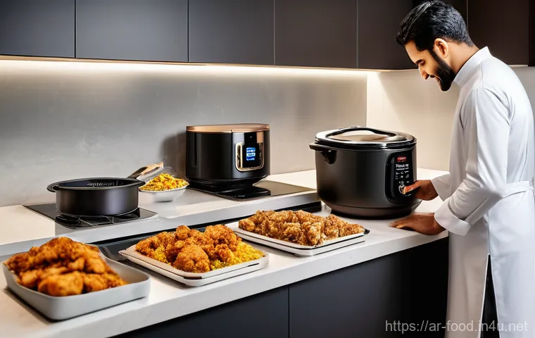 식사 준비가 빠른 식자재 - **Prompt: A modern, brightly lit Arab kitchen with a neatly organized countertop. A joyful Arab woma...