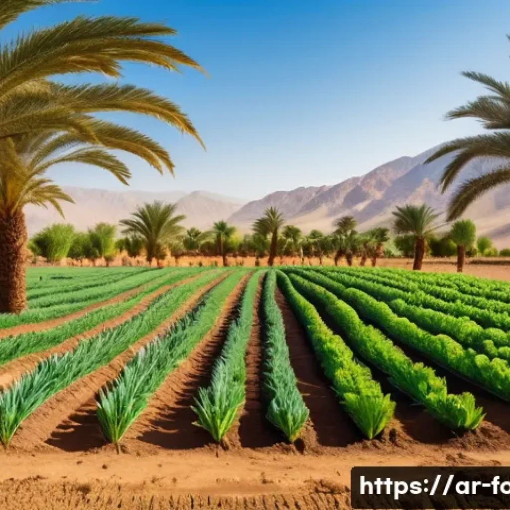 유기농 농산물과 일반 농산물 차이 - A vibrant Middle Eastern organic farm scene under a clear blue sky, showcasing lush, fertile soil ri...