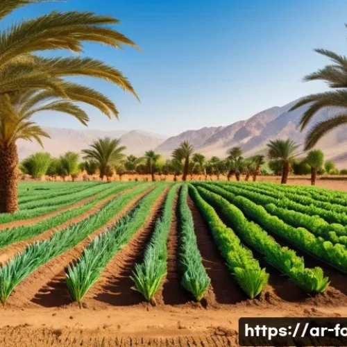 유기농 농산물과 일반 농산물 차이 - A vibrant Middle Eastern organic farm scene under a clear blue sky, showcasing lush, fertile soil ri...
