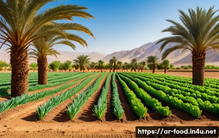 유기농 농산물과 일반 농산물 차이 - A vibrant Middle Eastern organic farm scene under a clear blue sky, showcasing lush, fertile soil ri...