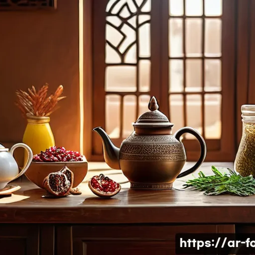 소화에 좋은 식자재 - A vibrant Middle Eastern kitchen scene featuring a traditional wooden table laden with natural diges...
