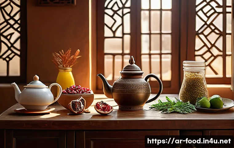소화에 좋은 식자재 - A vibrant Middle Eastern kitchen scene featuring a traditional wooden table laden with natural diges...