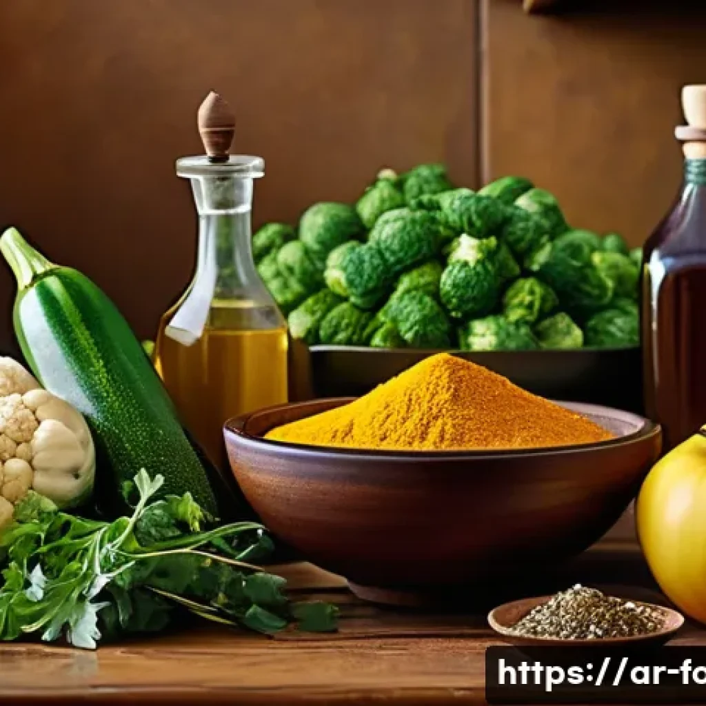 저지방 요리법을 위한 식자재 - A vibrant Middle Eastern kitchen scene featuring fresh seasonal vegetables like zucchini, eggplant, ...