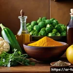 저지방 요리법을 위한 식자재 - A vibrant Middle Eastern kitchen scene featuring fresh seasonal vegetables like zucchini, eggplant, ...