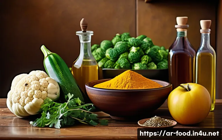 저지방 요리법을 위한 식자재 - A vibrant Middle Eastern kitchen scene featuring fresh seasonal vegetables like zucchini, eggplant, ...