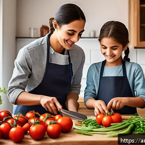 간편식 vs 일반식 차이점 - A vibrant traditional Middle Eastern kitchen scene featuring a family preparing fresh ingredients to...
