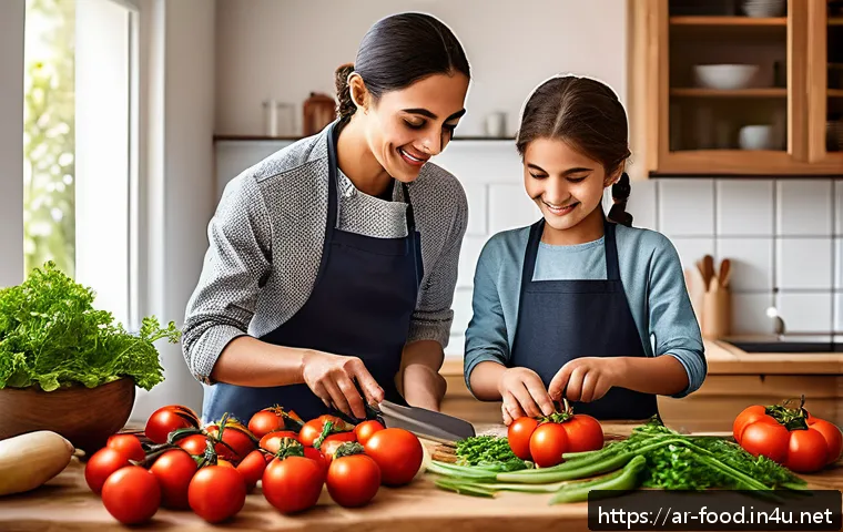 간편식 vs 일반식 차이점 - A vibrant traditional Middle Eastern kitchen scene featuring a family preparing fresh ingredients to...