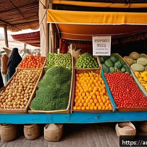 식자재 품질 인증 마크 - A vibrant Middle Eastern marketplace scene showcasing a variety of organic fruits and vegetables wit...