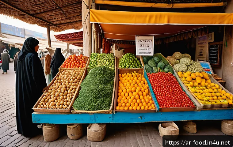 식자재 품질 인증 마크 - A vibrant Middle Eastern marketplace scene showcasing a variety of organic fruits and vegetables wit...