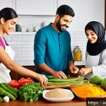 가공식품의 종류와 특징 - A vibrant Middle Eastern kitchen scene showing a family preparing a balanced meal combining fresh ve...