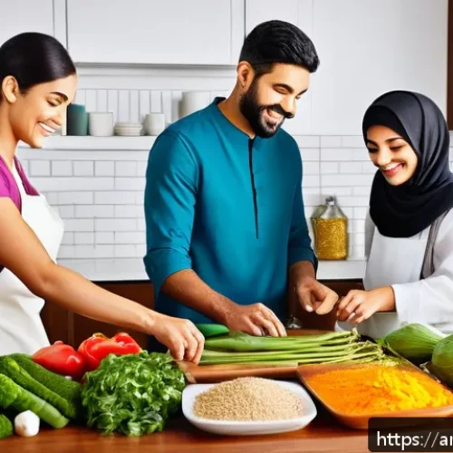 가공식품의 종류와 특징 - A vibrant Middle Eastern kitchen scene showing a family preparing a balanced meal combining fresh ve...