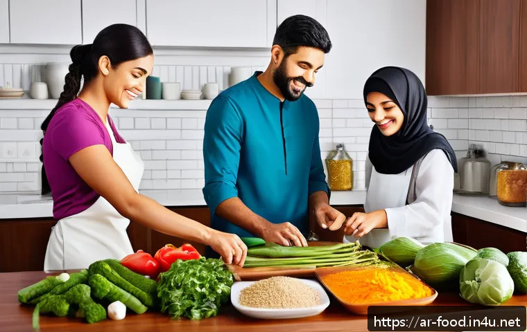 가공식품의 종류와 특징 - A vibrant Middle Eastern kitchen scene showing a family preparing a balanced meal combining fresh ve...