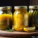 프로바이오틱스 함유 식자재 - A vibrant and detailed still life of traditional Middle Eastern fermented vegetables, including jars...
