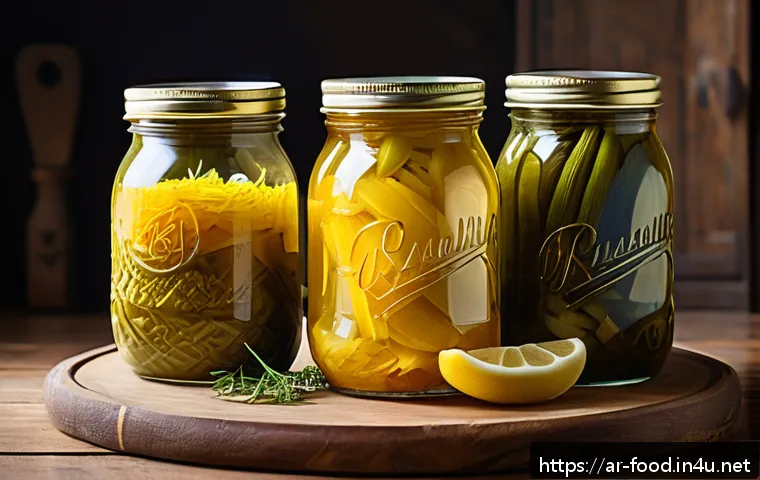 프로바이오틱스 함유 식자재 - A vibrant and detailed still life of traditional Middle Eastern fermented vegetables, including jars...
