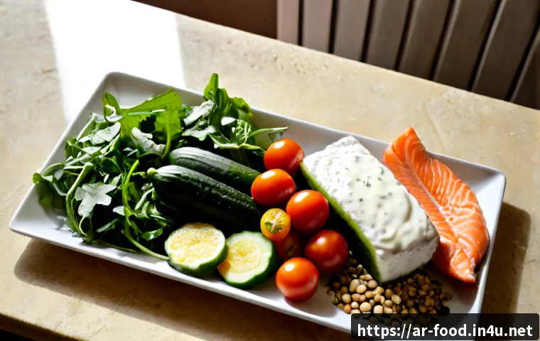 다이어트에 좋은 식자재 - Photorealistic overhead view of diet-friendly whole foods arranged neatly on a warm stone kitchen co...