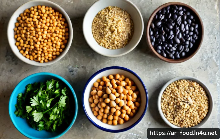 식물성 단백질이 풍부한 식자재 - Photorealistic overhead still life of protein-rich plant foods arranged neatly on a warm stone kitch...
